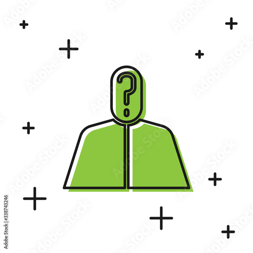 Black Anonymous man with question mark icon isolated on white background. Unknown user, incognito profile, business secrecy, obscurity.  Vector Illustration