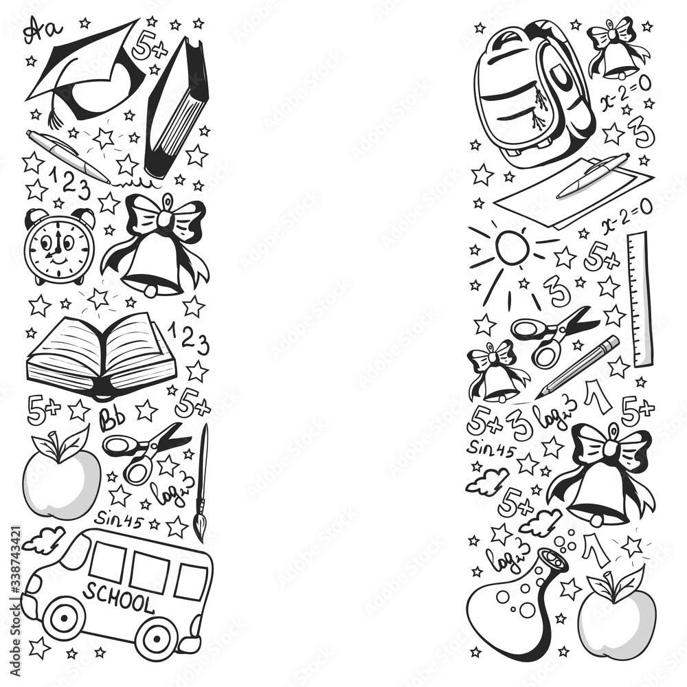 School pattern. Online education. Vector doodle style icons. Mathematis, astronomy, geography, biology, physics.