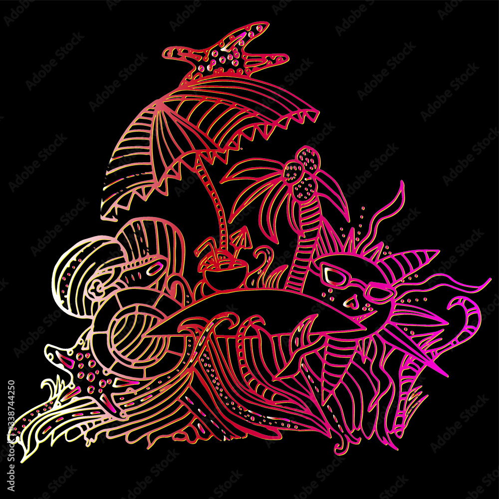 Island with coconut palm trees. Sun umbrella and life buoy. Sun in glasses and starfish in the sea. Fruit cocktail on the beach. Freehand sketch. Cartoon, bright outline on black background. Island with coconut palm trees. Sun umbrella and life buoy. Sun in glasses and starfish in the sea. Fruit cocktail on the beach. Freehand sketch. Cartoon, bright outline on black background.
