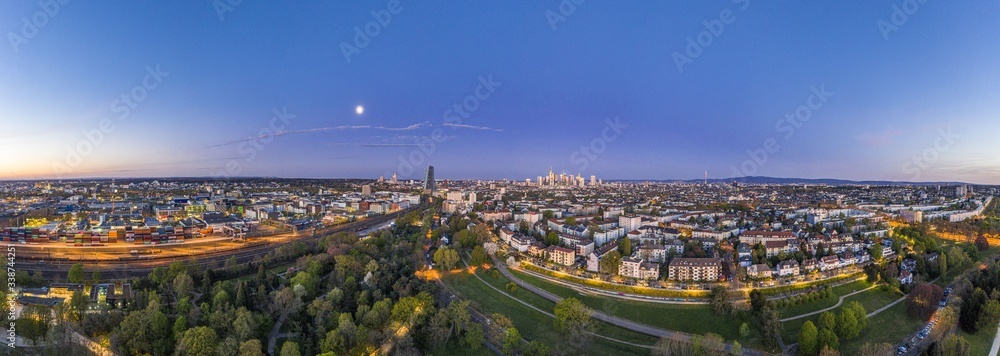 Aerial picture of Frankfurt skyline and European Central Bank building during sunrise in morning twilight