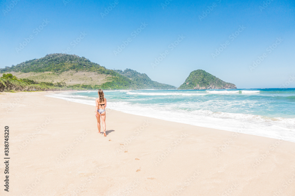 Young attractive woman in bikinis walking on an empty wild tropical beach on a sunny summer day.