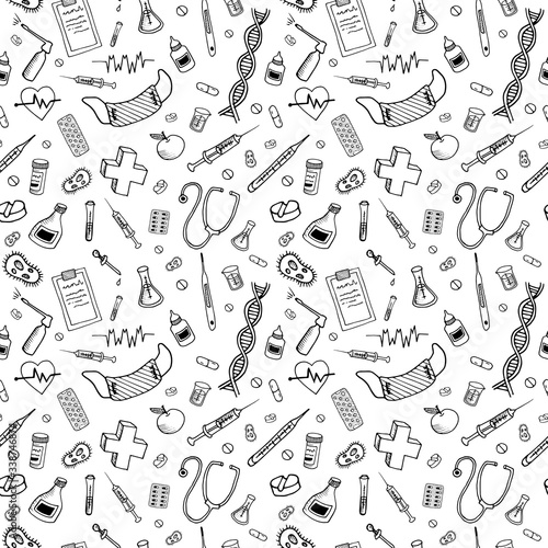 Medical doodle pattern. Healhtcare and pharmacy hand drawn objects, symbols and items on transparent backdrop. Seamless vector background.