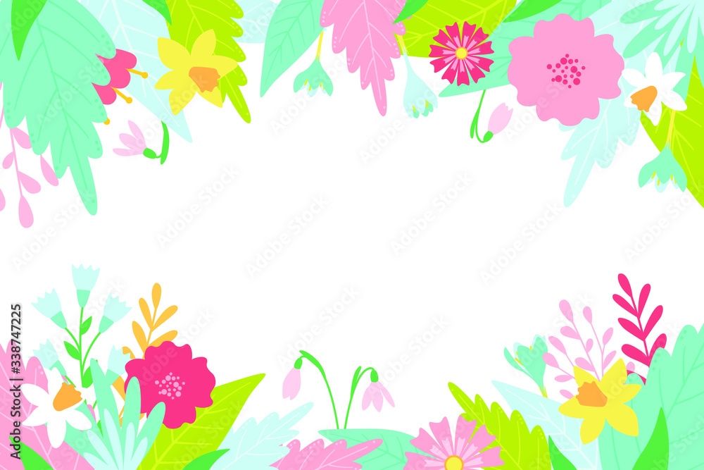 Vector background with a place to inscribe. Spring flowers, plant elements. Gentle colours.