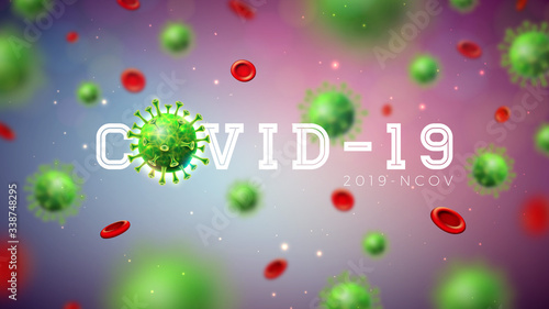 Covid-19. Coronavirus Outbreak Design with Virus Cell in Microscopic View on Green Background. Vector Illustration Template on Dangerous SARS Epidemic Theme for Promotional Banner or Flyer.