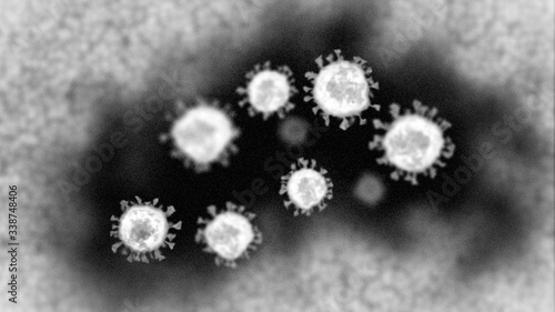Tableau sur toile Realistic computer-generated micrograph showing a group of coronavirus particles as seen under a transmission electron microscope