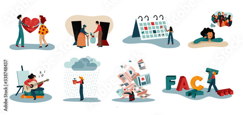 Vectorial illustration about taking care of psychological health during quarantine and self isolation for covid-19 pandemic. Prevent and manage anxiety. People stay home coping with social distancing 