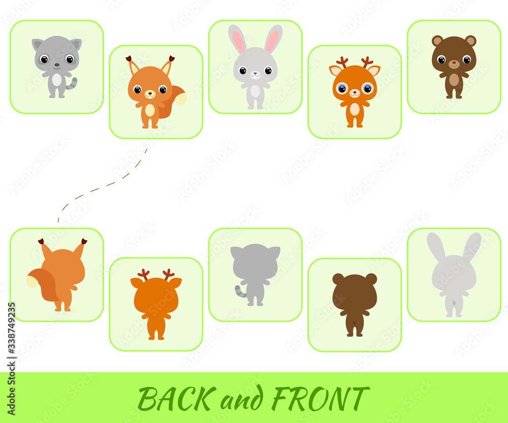 Obraz premium Matching educational game for children. Find the back and front cartoon animals. Educational activity for preschool years kids and toddlers with cute animals. Flat vector stock illustration.