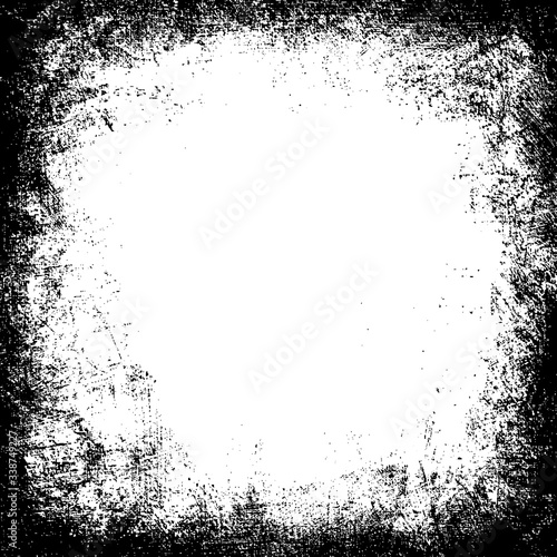 Grunge shabby dirty frame. Distressed black and white pattern. Old wall background. Rustic scratch texture.