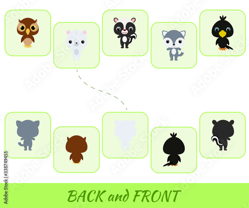 Matching educational game for children. Find the back and front cartoon animals. Educational activity for preschool years kids and toddlers with cute animals. Flat vector stock illustration.