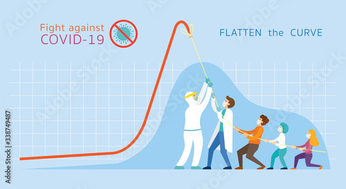 Covid-19 Flatten the Curve Concept, People Pull Down Graph Chart