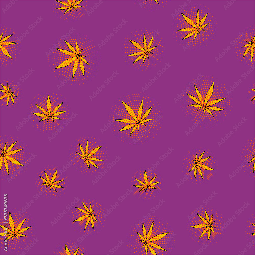 yellow glowing cannabis leaves with dots pop art on purple background ringless pattern yellow glowing cannabis leaves with dots pop art on purple background ringless pattern