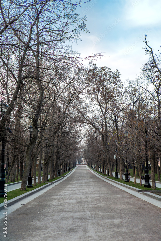 Park alley without people. Sunny spring day. Self-isolation in the city. Center of Moscow, Tverskaya Boulevard.