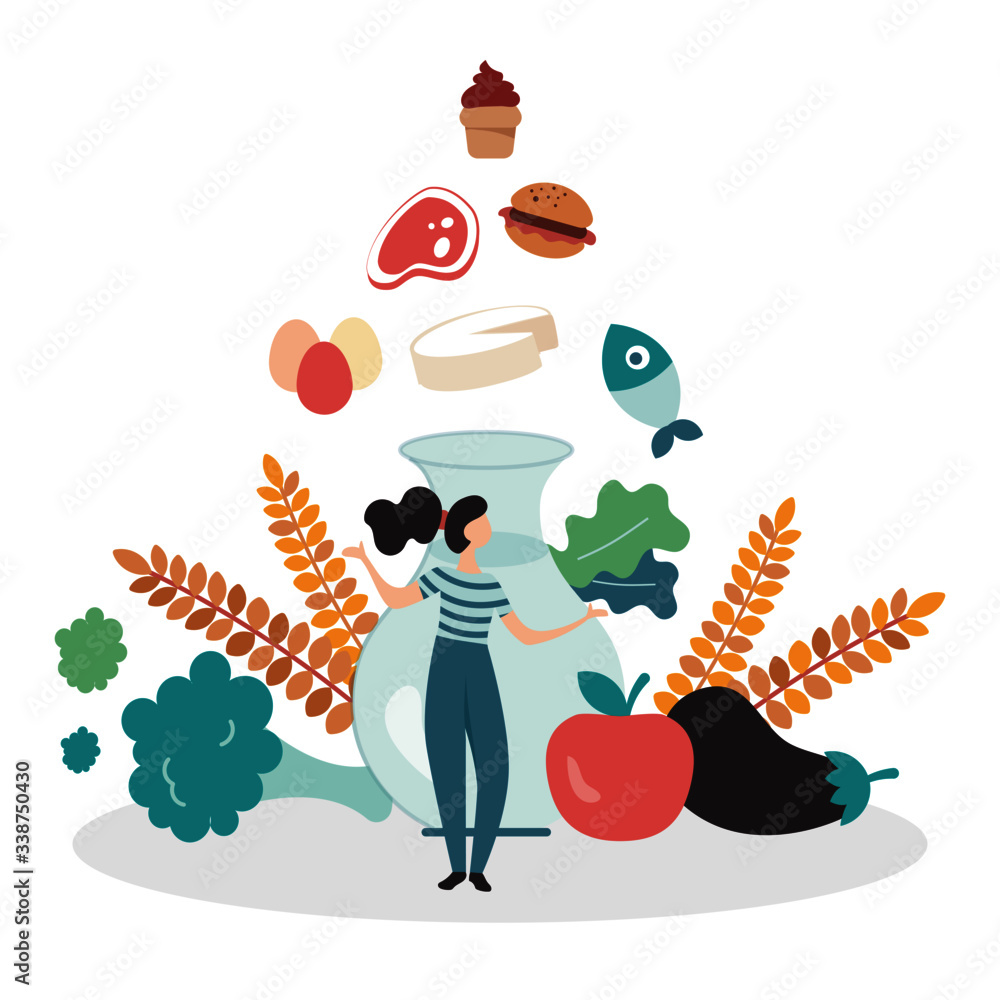 Vectorial illustration of a balanced nutrition, represented with the