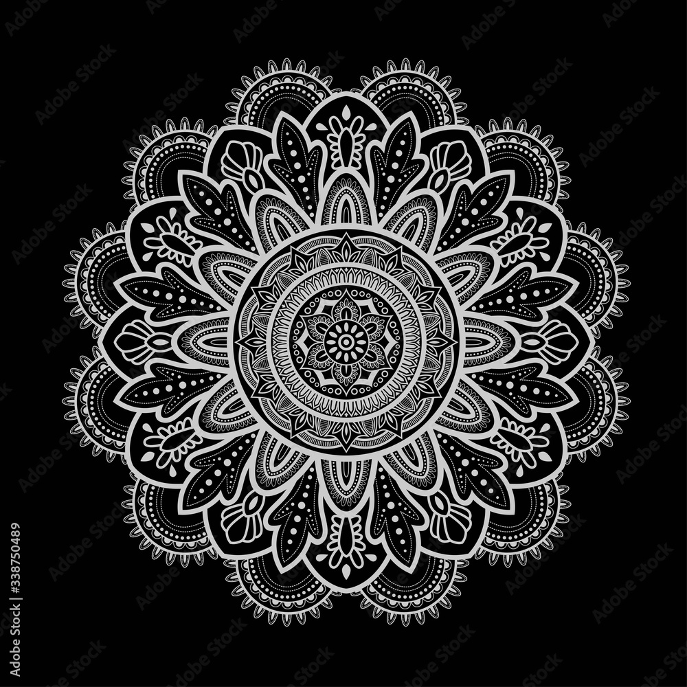 White Floral Mandala Pattern Vector on Black Background, flower texture ornament, vintage elegant Vector Illustration