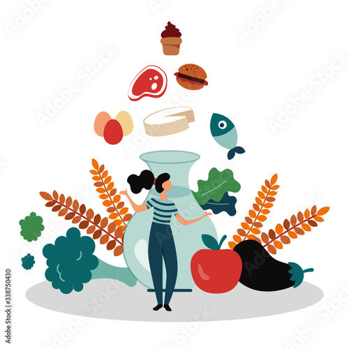 Vectorial illustration of a balanced nutrition, represented with the food pyramid of mediterranean diet. A girl stands between healthy foods, vegetables, water and cereals, choosing what to eat.