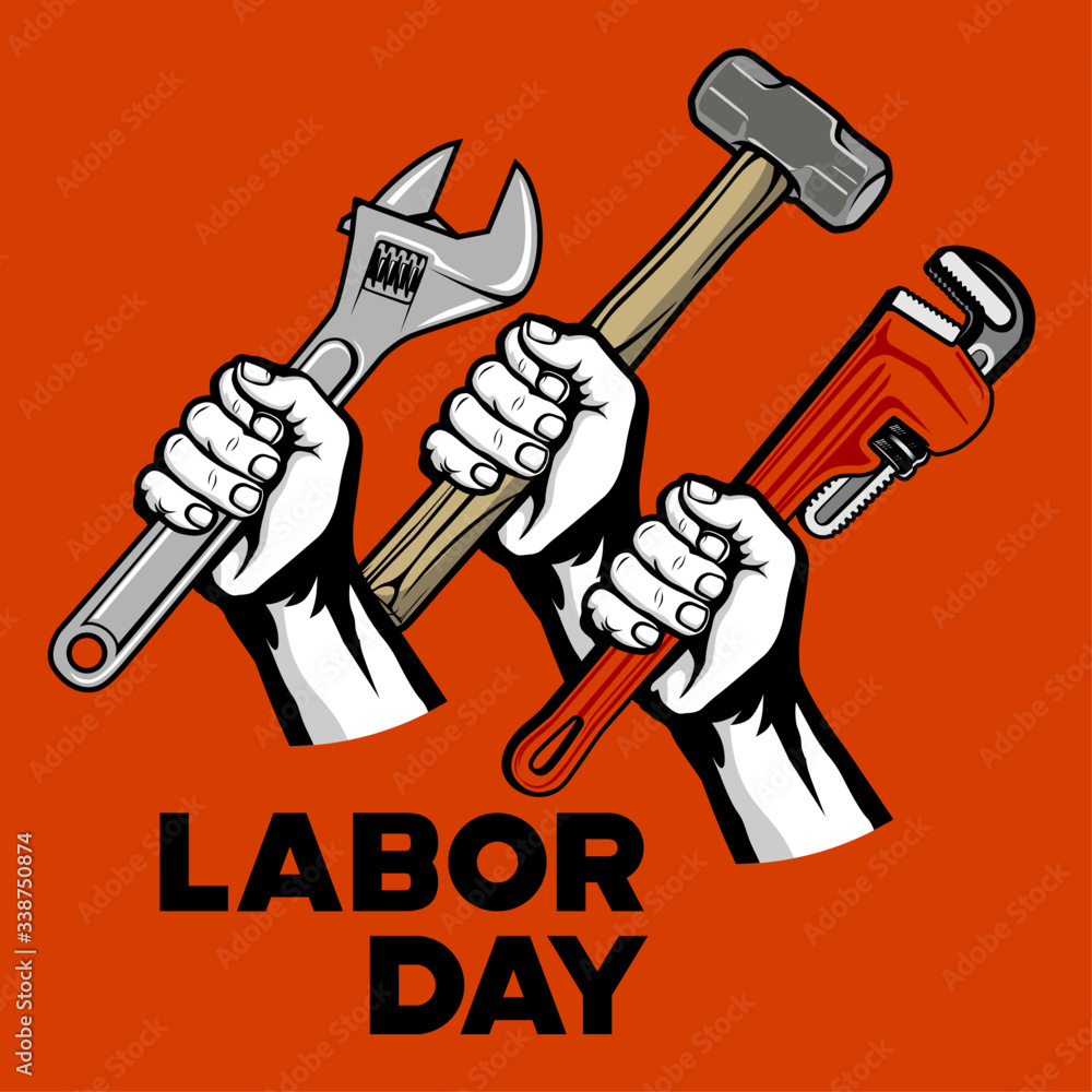 Labor Day wih hand holding hammer and wrench, , Design element for logo ...