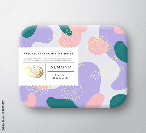 Nuts Bath Cosmetics Box. Vector Wrapped Paper Container with Care Label Cover. Packaging Design. Modern Typography and Hand Drawn Almond. Abstract Camo Background Pattern Layout.