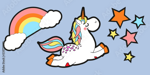 Cute carttoon style unicorn flying in the starry sky, bright rainbow with clouds. Horizontal banner for your designs. Elements for kids room decoration, book, wall sticker, postcard, invitation.