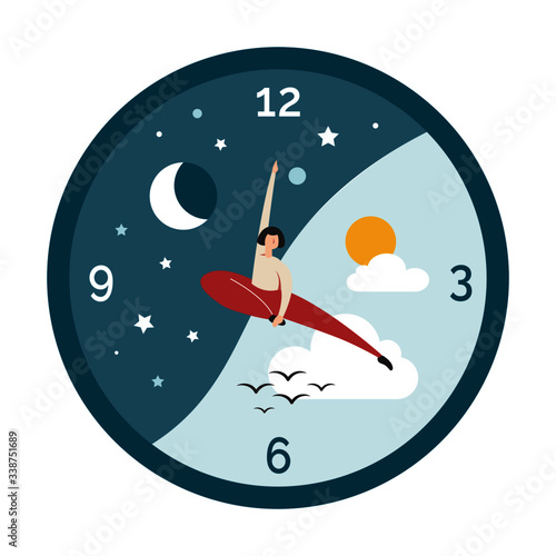 Vectorial illustration of a clock with human hands, representing the circadian rhythm of sleep and wakefulness. In the balanced cycle, a half circle contains the night and the other one the day.