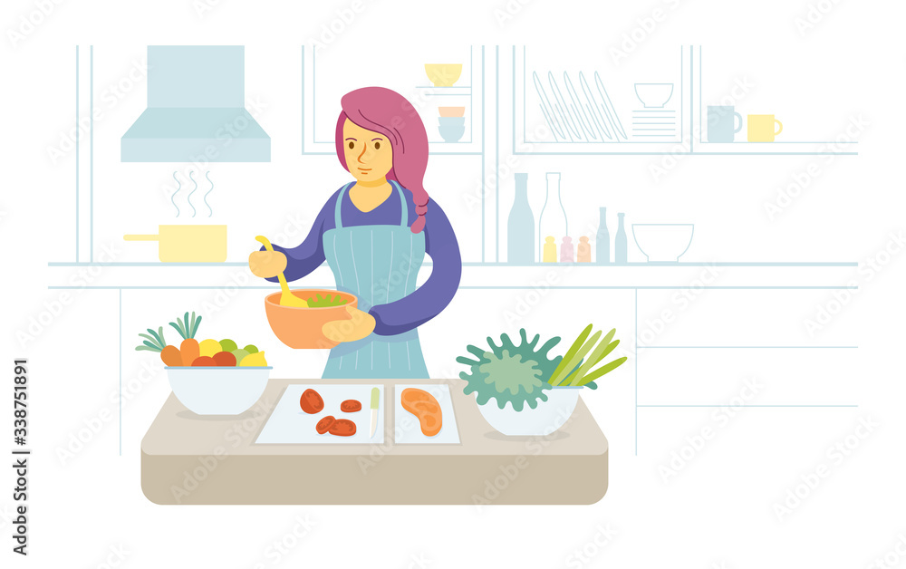 Stay at Home, Woman Cooking in Kitchen, Quarantine, Relax, Hobby and Leisure Stay at Home, Woman Cooking in Kitchen, Quarantine, Relax, Hobby and Leisure
