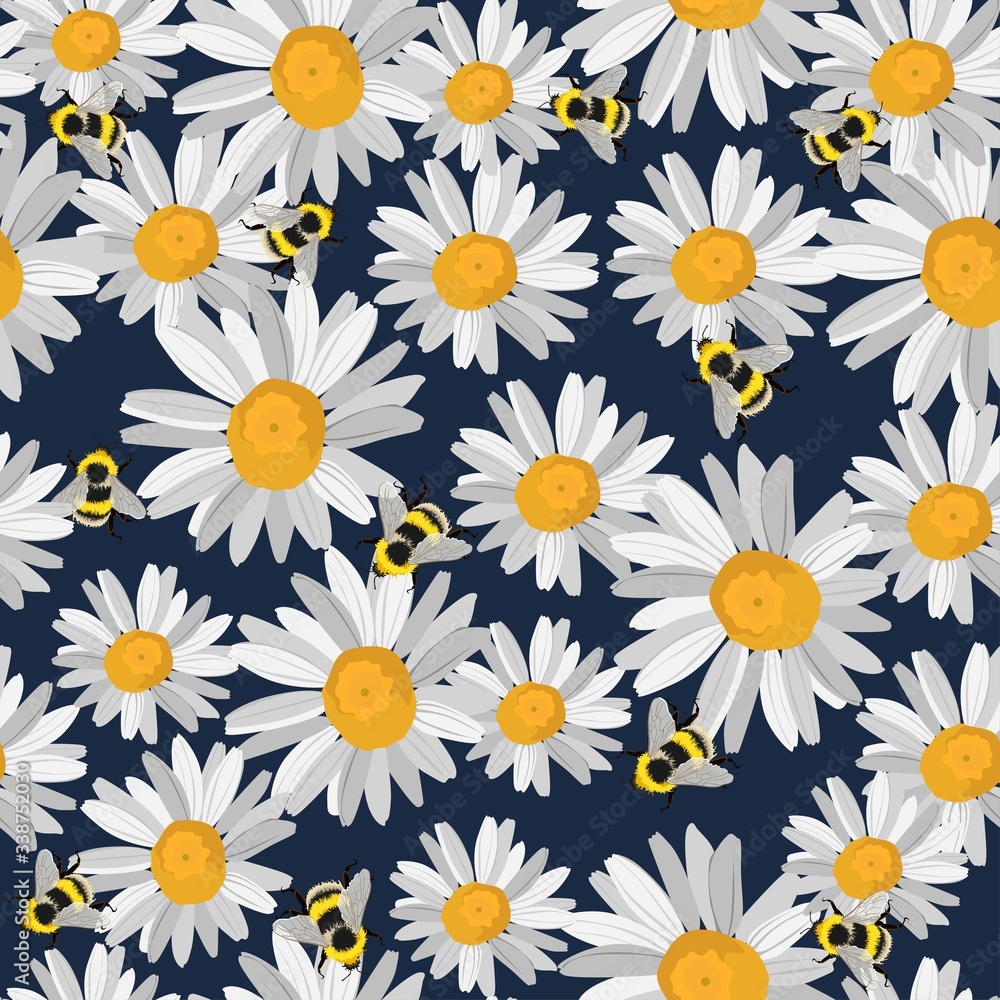Seamless pattern of camomile (chamomile), cornflowers with bee on vintage dark  blue background. 