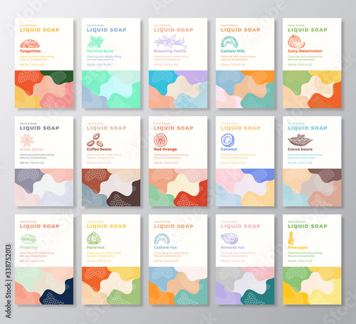 Liquid Soap Label Templates Collection. Abstract Shapes Camo Background Vector Covers Set. Cosmetics Packaging Design Bundle. Hand Drawn Nuts, Fruits, Berries and Spices Sketches.