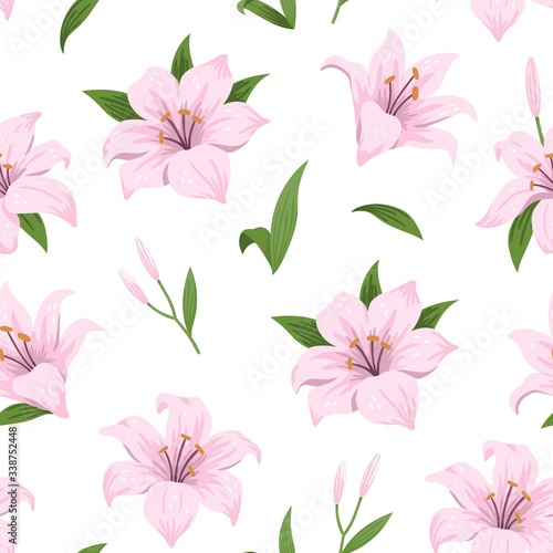 Hand-drawn botanical flowers. Pink lilies flowers. Vector floral seamless pattern on a white background.