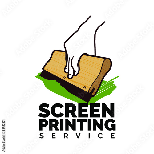 screen printing silk with hand holding squeegee logo design inspiration, Design element for logo, poster, card, banner, emblem, t shirt. Vector illustration