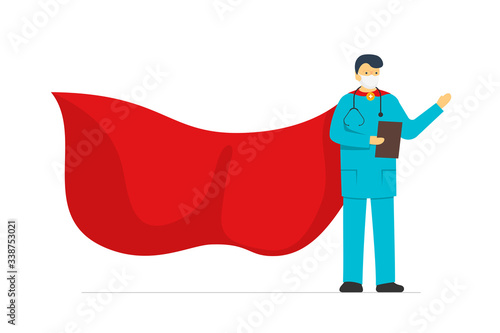 Super hero male doctor in protection face mask wearing red superhero cloak isolated on white background. Flat vector cartoon character man of heroic hard work medical profession illustration