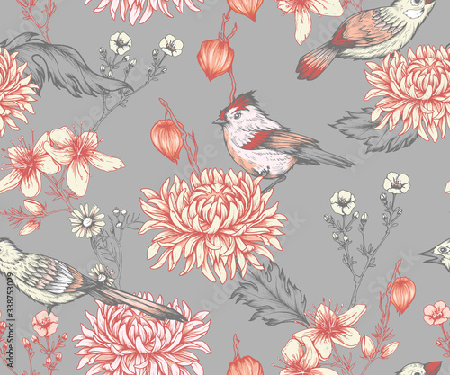 Vintage seamless pattern with flowers and little birds