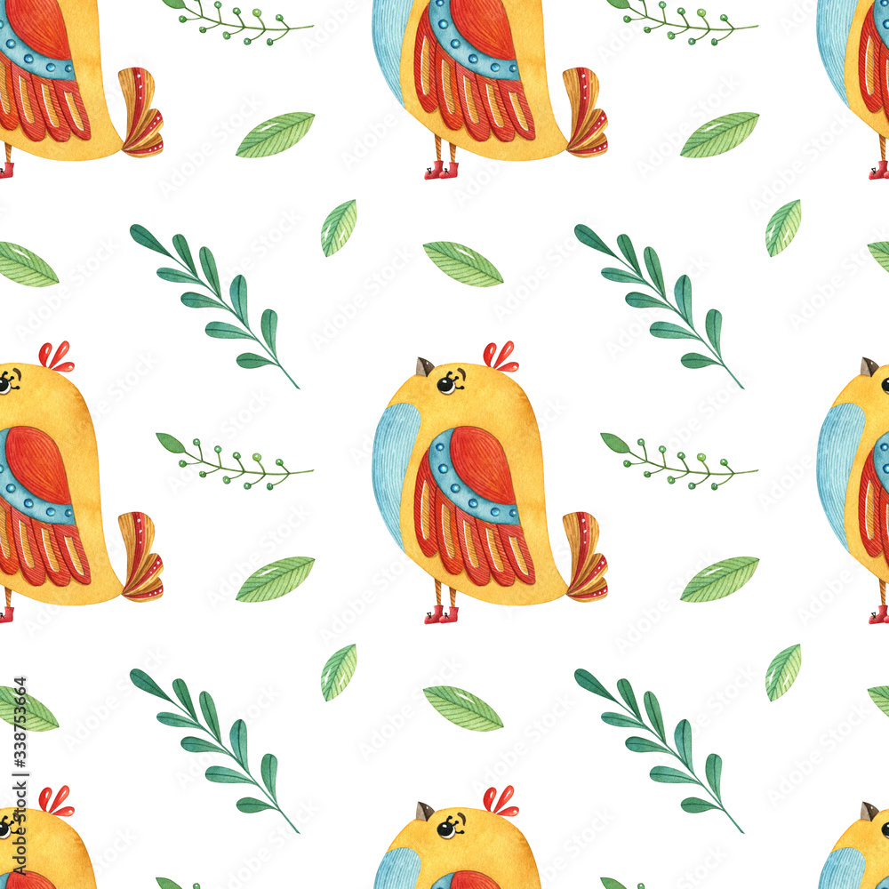 Obraz premium Watercolor seamless pattern with birds and leaves. Cute hand-drawn illustration for textile, scrapbooking, nursery, kids wrapping, poster, print and child decor.