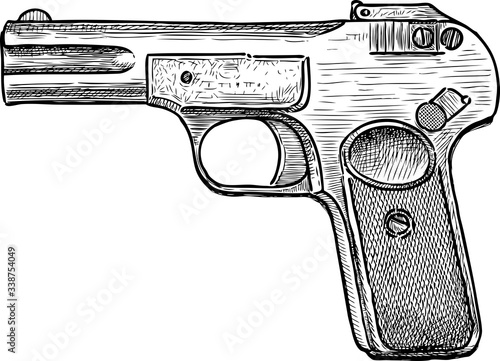 Hand drawing of old pistol of Brauning sistem from 1900 year photo