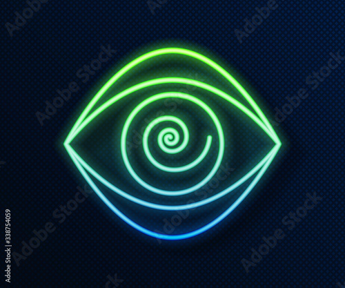 Glowing neon line Hypnosis icon isolated on blue background. Human eye with spiral hypnotic iris.  Vector Illustration