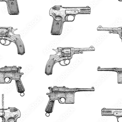 Seamless pattern of sketches old pistols