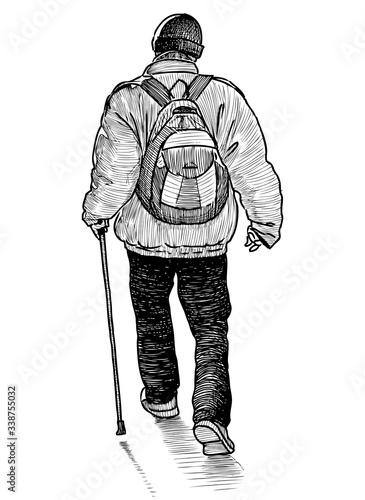 Sketch of elderly citizen with stick walking along street