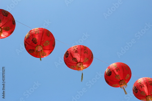 Red Chinese Lantern Photography with Blue Sky Background