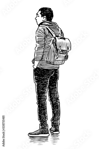 Sketch of teen student with backpack standing in wait outdoors