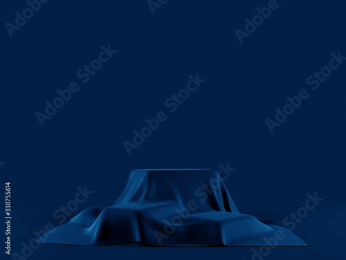 Blue cloth on a pedestal, Product Stand. Product show. Exhibition scene with silk tablecloth for show or presentation, studio decor. 3d render