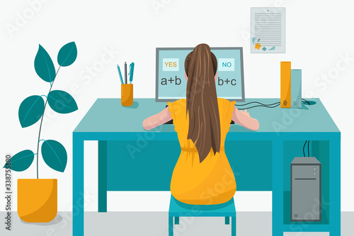 Remote home-based online training. A schoolgirl with a computer sits at a table in his house and listens to a school lesson. Vector flat illustration. Concept of individual and distance learning.