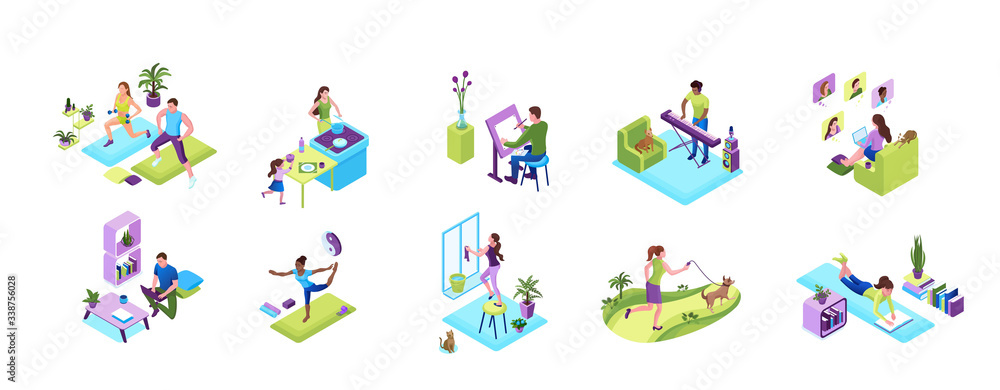 Stay and work from home concept set, quarantine isolation activities, sports training people, man playing music, girl baking with family, doing yoga poses, clean up window, video chat with friends