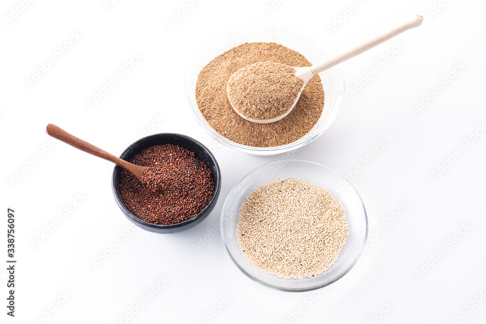 set of healthy food consists of fiber and quinoa seeds on a white background set of healthy food consists of fiber and quinoa seeds on a white background