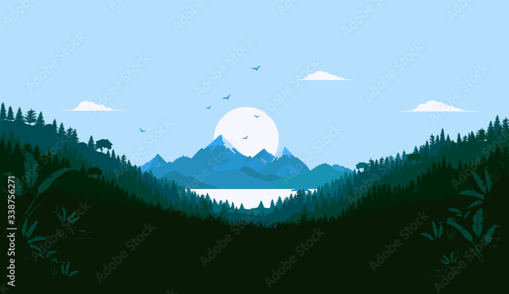 Vector landscape illustration in green and blue - View from forest to ocean  and mountains in background. Sunrise and birds in the blue sky. Background  and wallpaper concept. Stock Vector | Adobe Stock