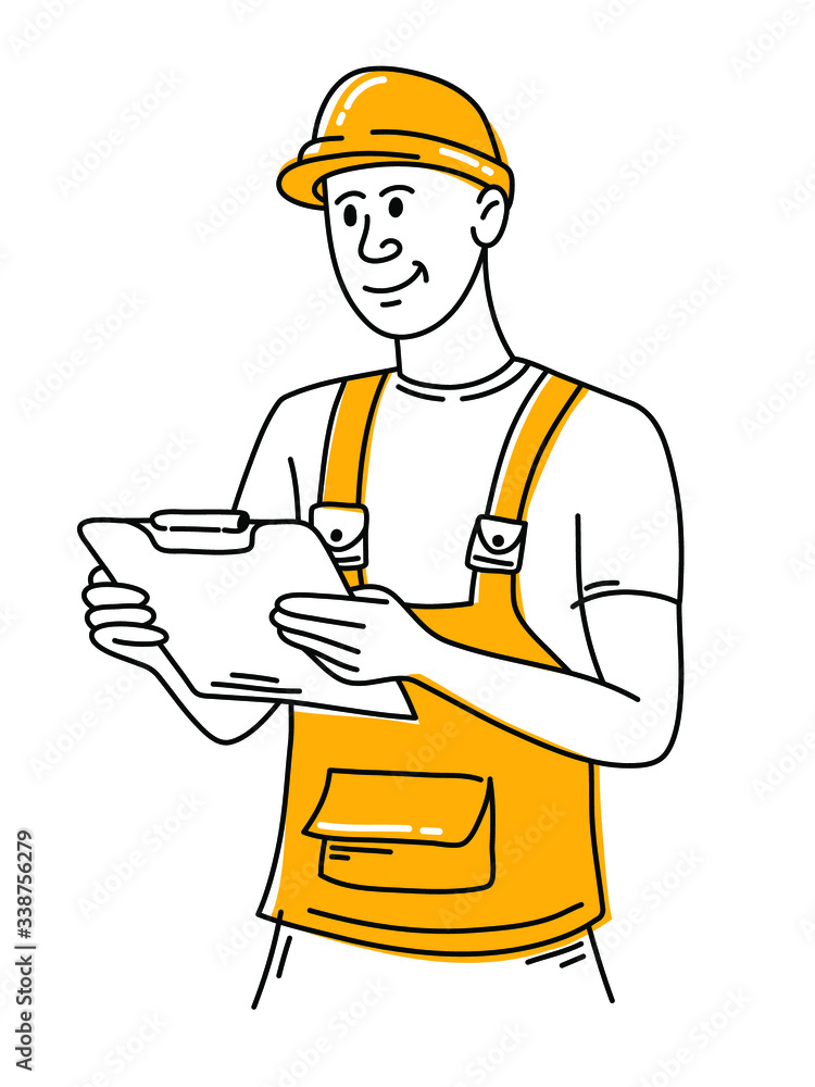 Worker in helmet holding the project plan. Builder man hand drawn vector illustration in flat line design. Worker in helmet holding the project plan. Builder man hand drawn vector illustration in flat line design.