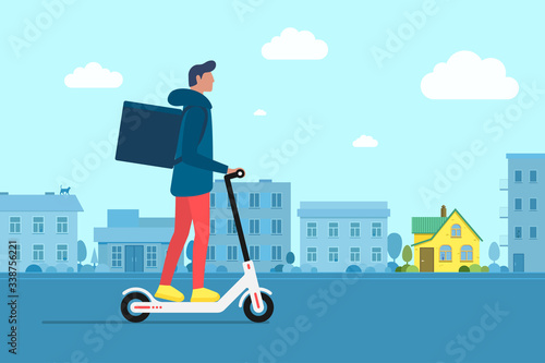 Delivery young man courier riding electric scooter with package product box. Fast shipping service concept on city street. Vector logistic illustration active hipster adult millennial on cityscape