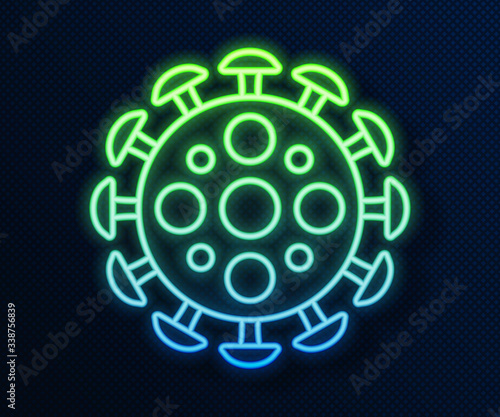 Glowing neon line Virus icon isolated on blue background. Corona virus 2019-nCoV. Bacteria and germs, cell cancer, microbe, fungi.  Vector Illustration