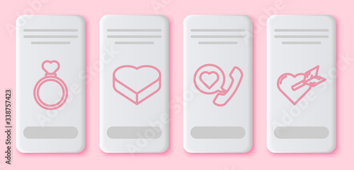 Set line Wedding rings, Candy in heart shaped box, Telephone with heart speech bubble and Amour with heart and arrow. White rectangle button. Vector
