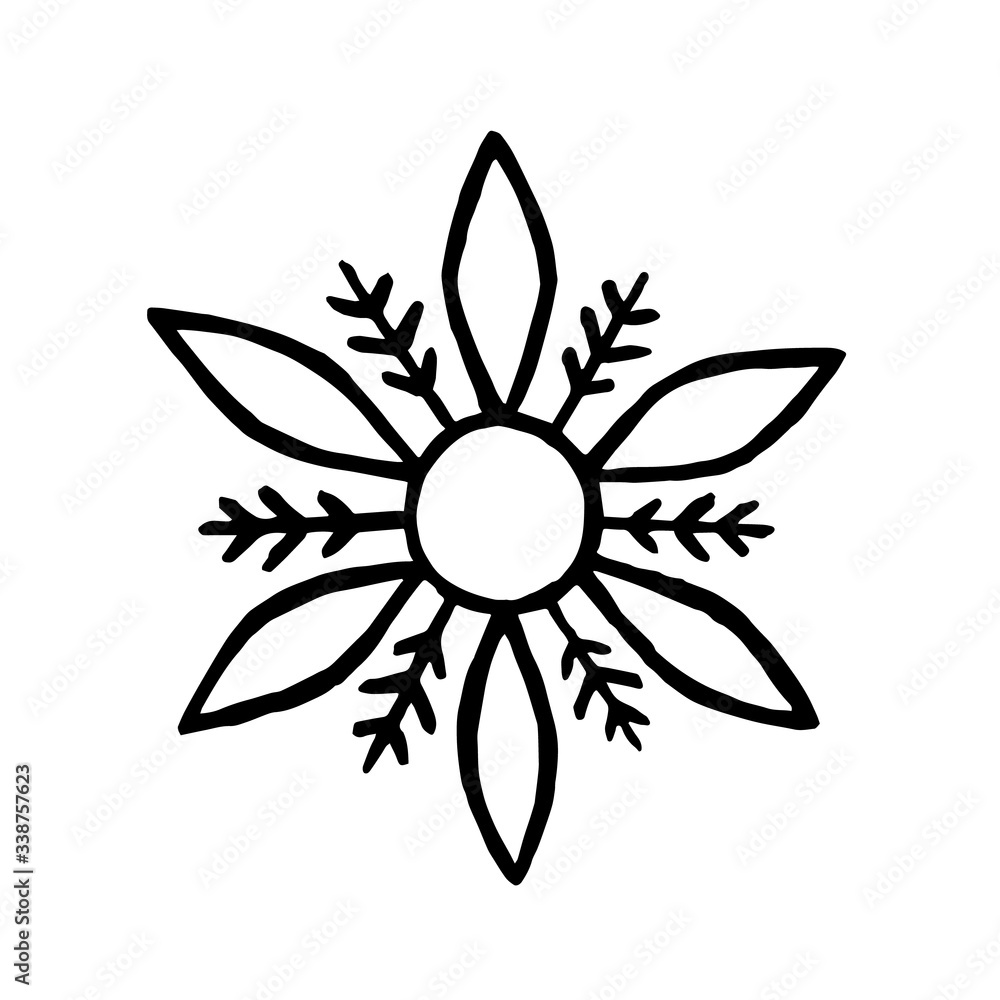 Drawing snow. Flake icon. Snowflake in doodle style for winter design. Hand drawn snowflake isolated on whit background. Snowflake icon. Symbol winter texture. Ice crystal ink freehand. Vector illustr