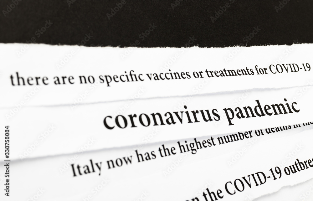 Coronavirus breaking news headline clippings from various newspapers reporting on the deadly disease.