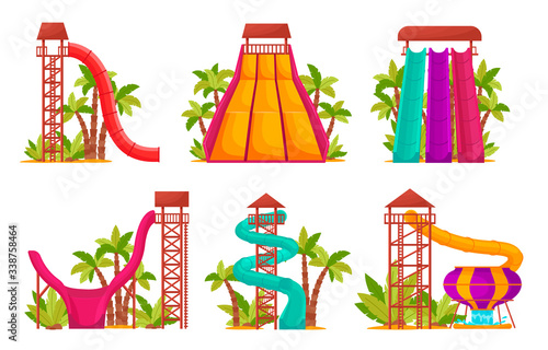 Water park set with colored waterslides and tubes for kids activity. Summer attractions in an aquapark for relaxation and fun, elements isolated on white background, vector illustration