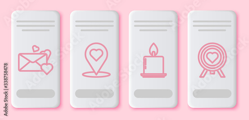 Set line Envelope with heart, Map pointer with heart, Burning candle and Heart in the center of darts target aim. White rectangle button. Vector